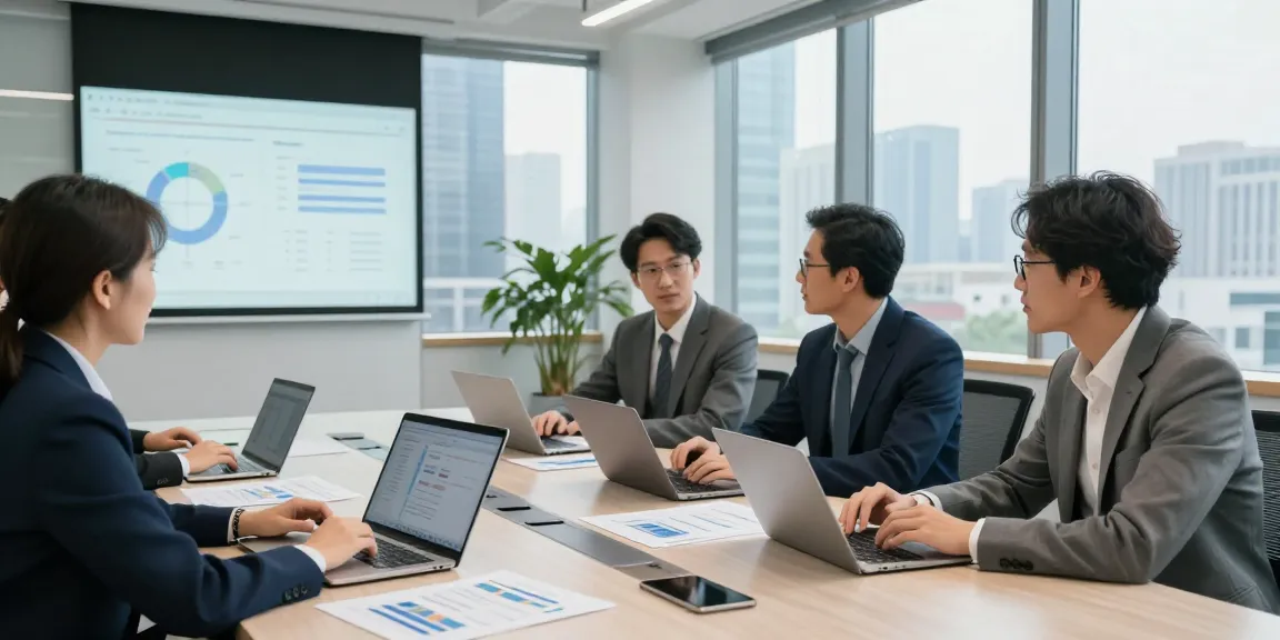 Business professionals analyzing a List of newly registered domains in a collaborative office setting.