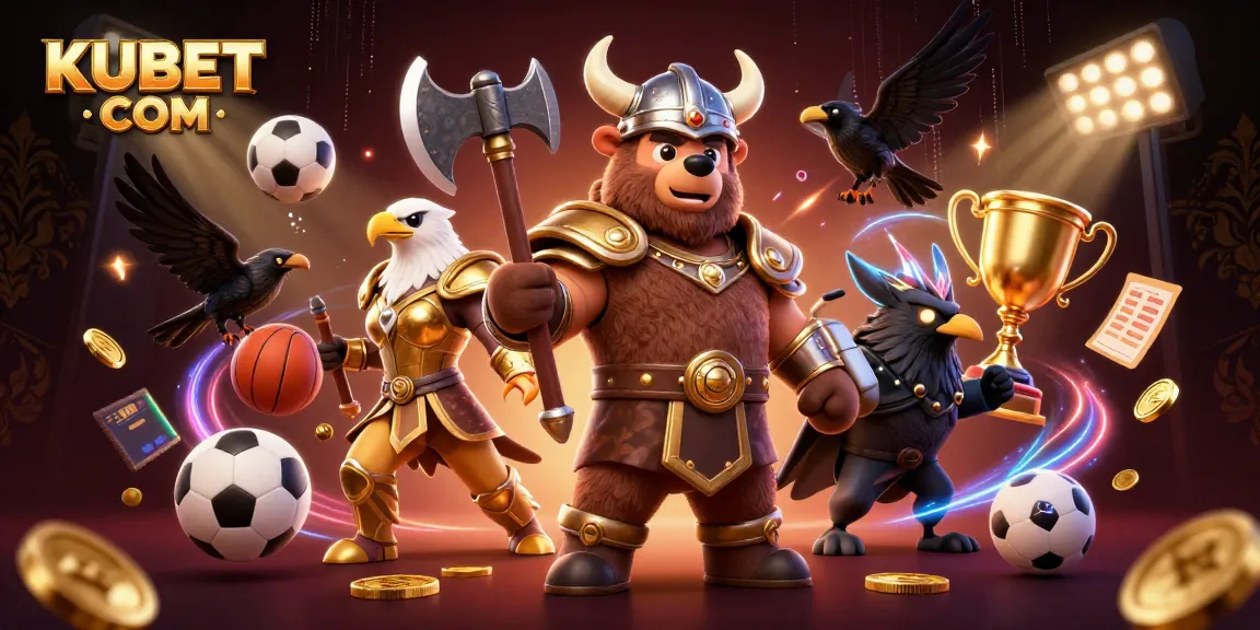 Bet on sports with KUBET COM, featuring a Viking bear and Valkyrie eagle amidst dynamic casino elements.