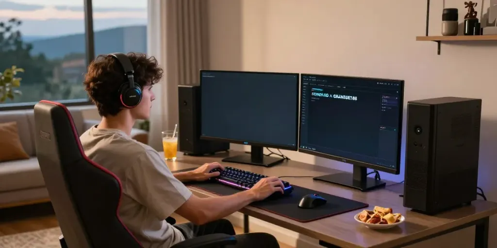 KONEK4D x GRANDBET88 gamer menikmati pengalaman bermain yang nyaman di rumah, menyoroti hokkaidoryoma.com.