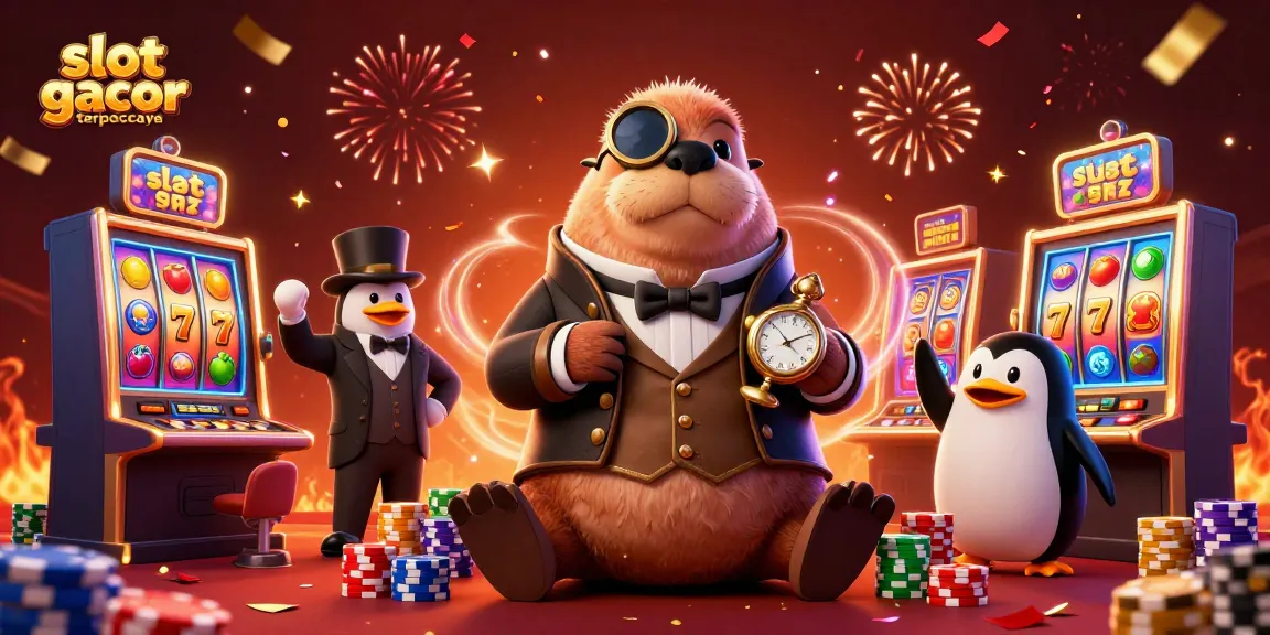 Menampilkan slot gacor terpercaya, walrus berkostum gentleman bermain slot dengan dealer penguin dan pemain ikan puff.