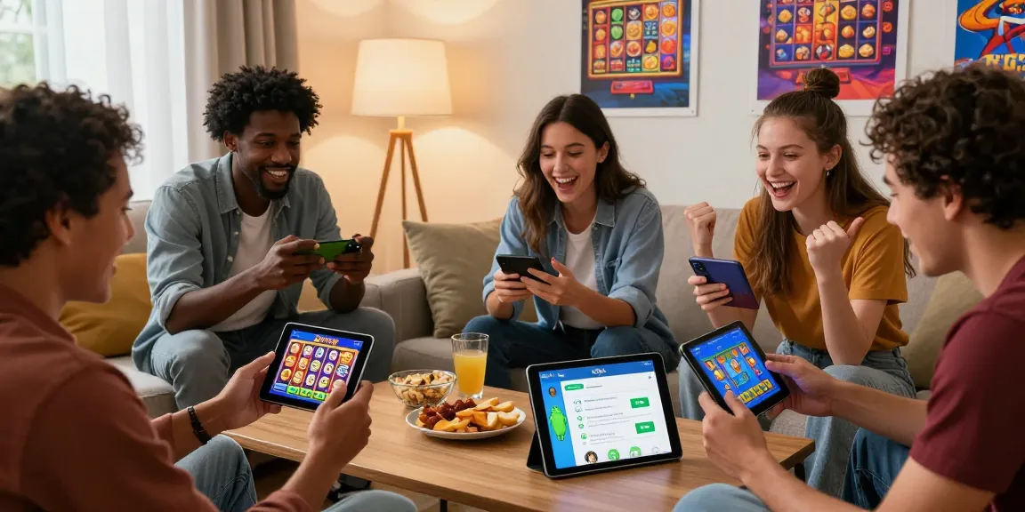 Download the Slots PK app for Android, friends enjoying gaming together with vibrant screens and snacks.
