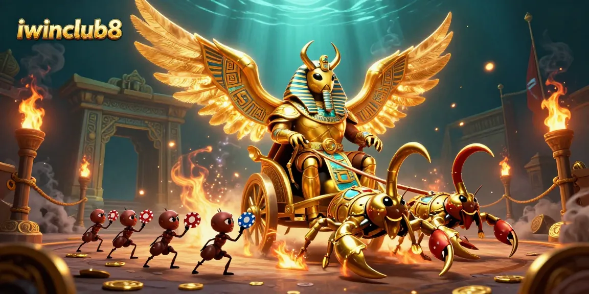 Engage with iwinclub8 casino adventures through a vibrant 3D illustration of a scarab beetle and scorpions.