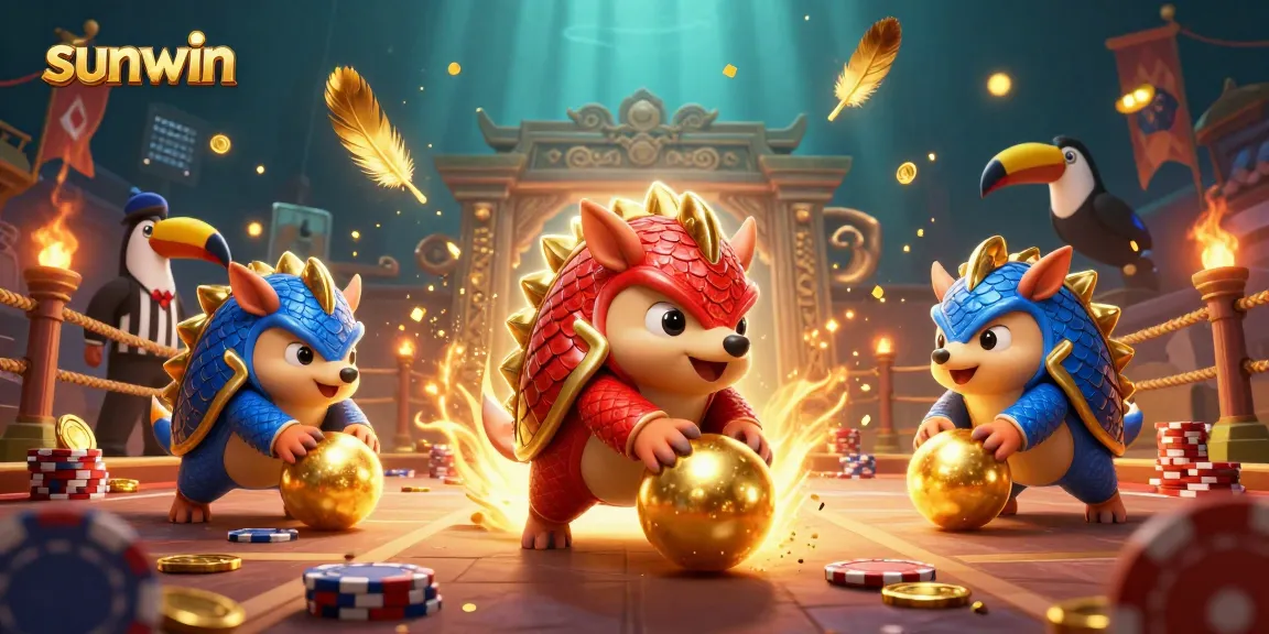 Engage with sunwin's thrilling casino showdown featuring animated pangolins competing among vibrant poker chips.