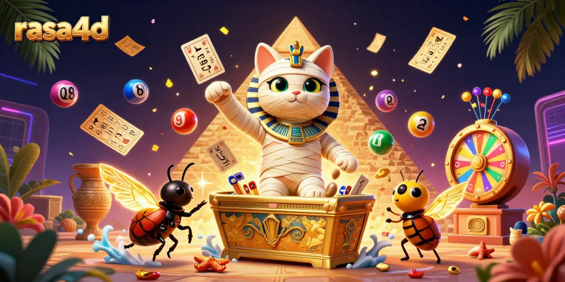Mobilitas game dengan rasa4d yang menampilkan kucing mummy Mesir dan elemen kasino berwarna-warni.