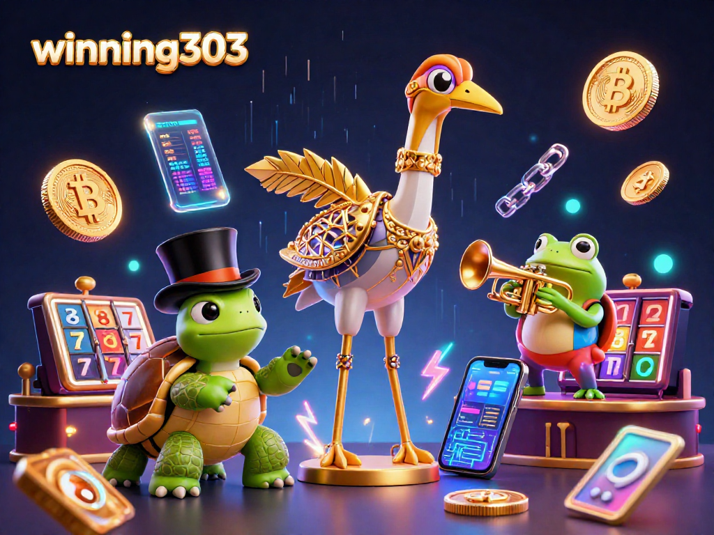 Winning303's vibrant casino scene with golden crane, turtle, and frog amidst crypto coins.