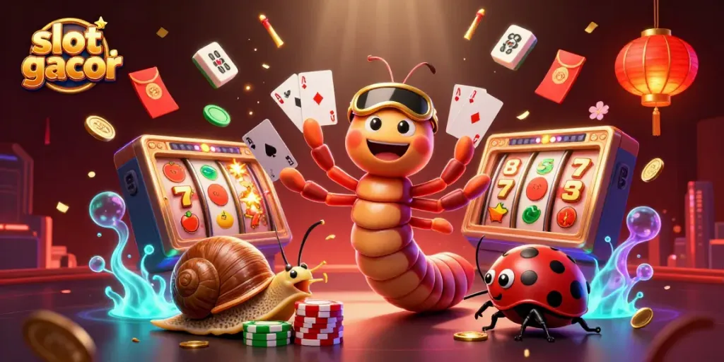 Slot gacor yang menampilkan dealer kartu dan pemain kasino dalam ilustrasi 3D yang meriah.