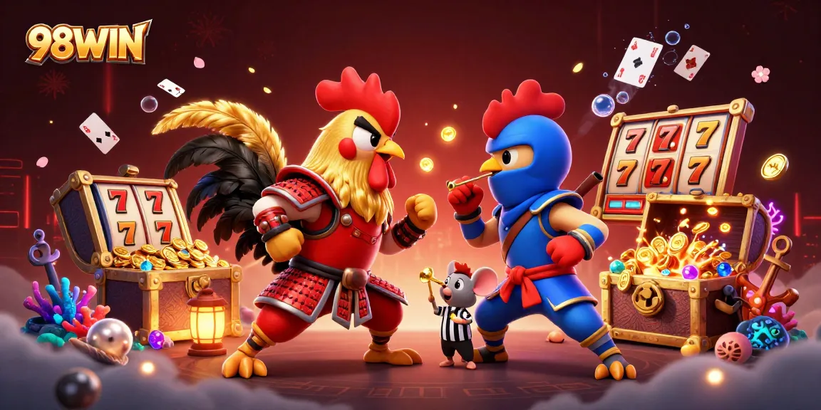 Experience high-stakes action with 98WIN in a dynamic 3D showdown of roosters, while fortune flows from slots and treasures.