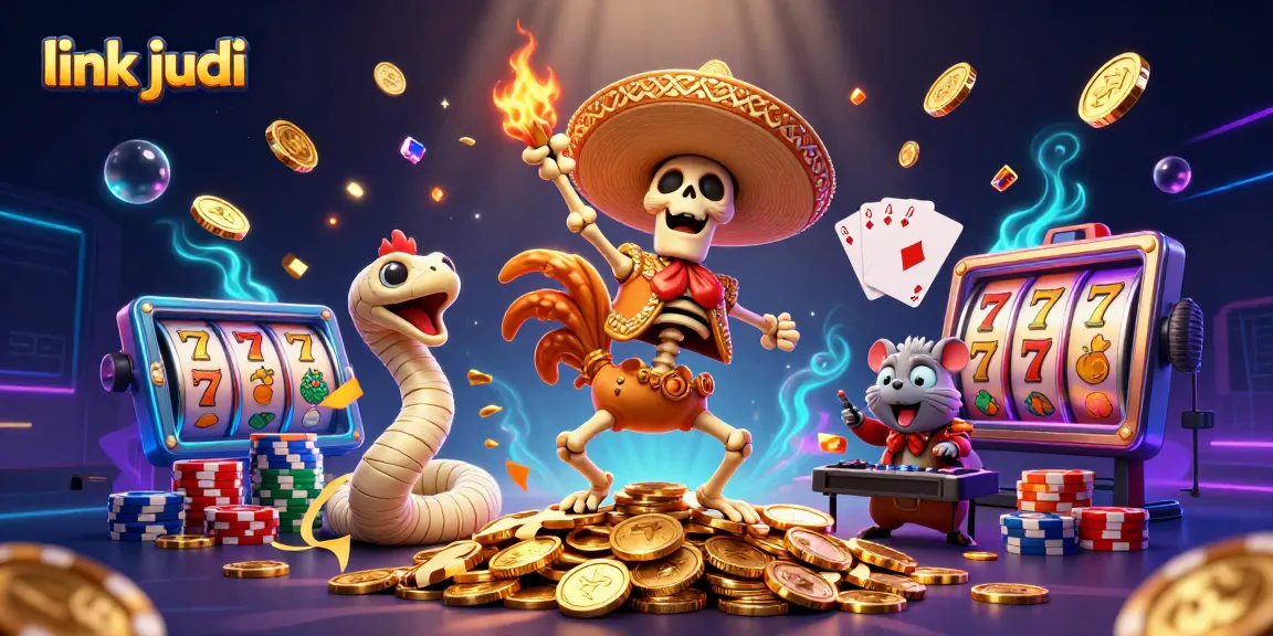 Musim menang dengan link judi, gambar slot yang bersinar dan karakter 3D bertema kasino.