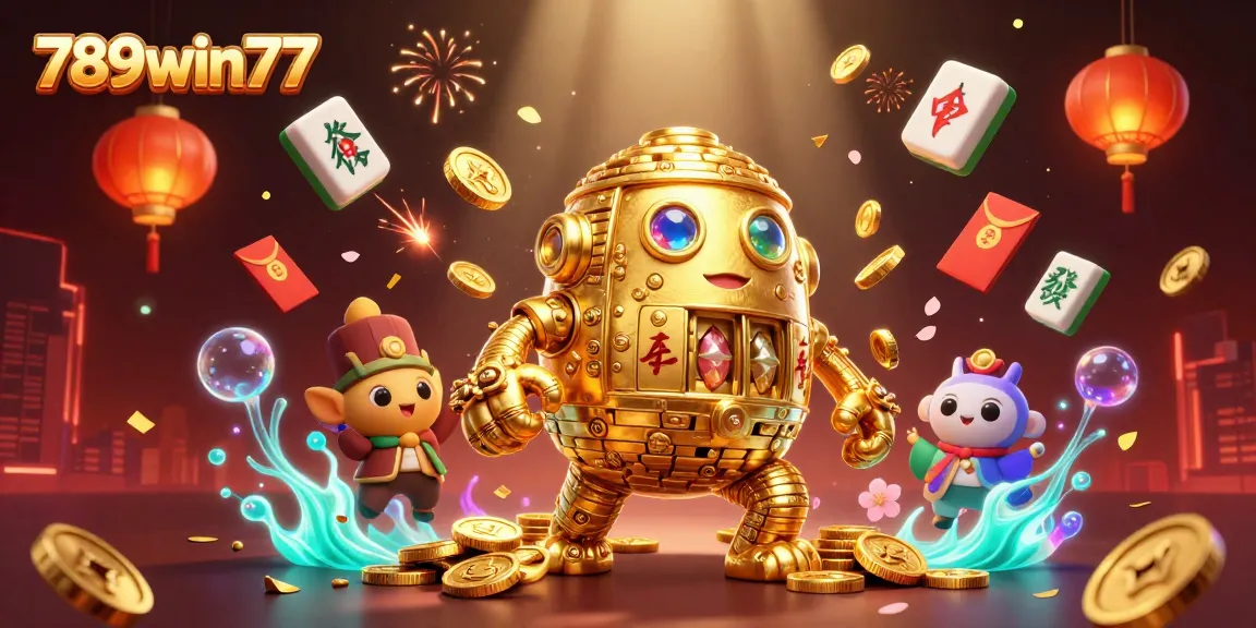 Experience the thrill of gaming with the captivating 789win77, featuring a golden golem amidst dynamic casino elements.