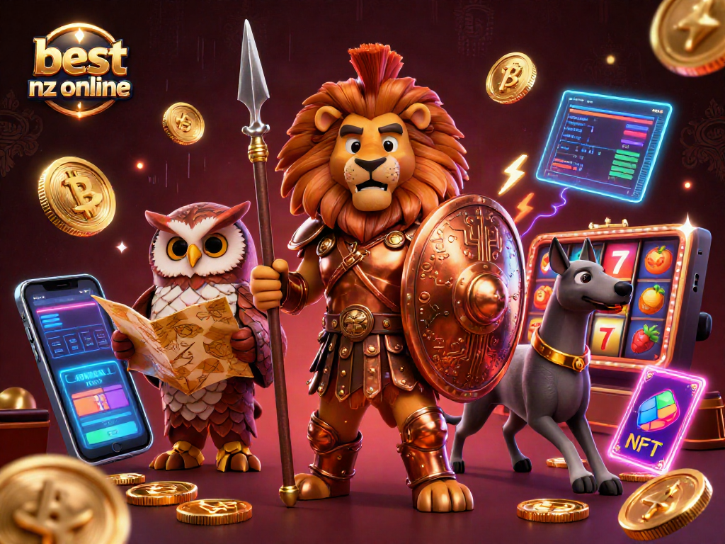 Experience the thrill at the best nz online casino with a vibrant scene of a Spartan lion and crypto elements.