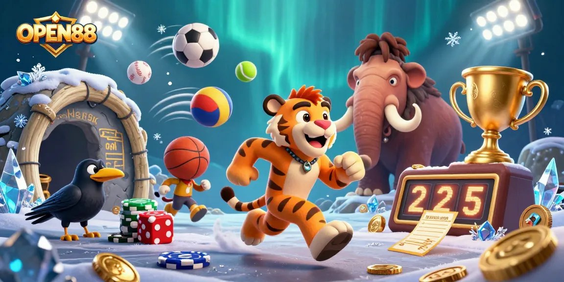 Engage in thrilling play at OPEN88's unique prehistoric casino with vibrant characters and dynamic sports elements.