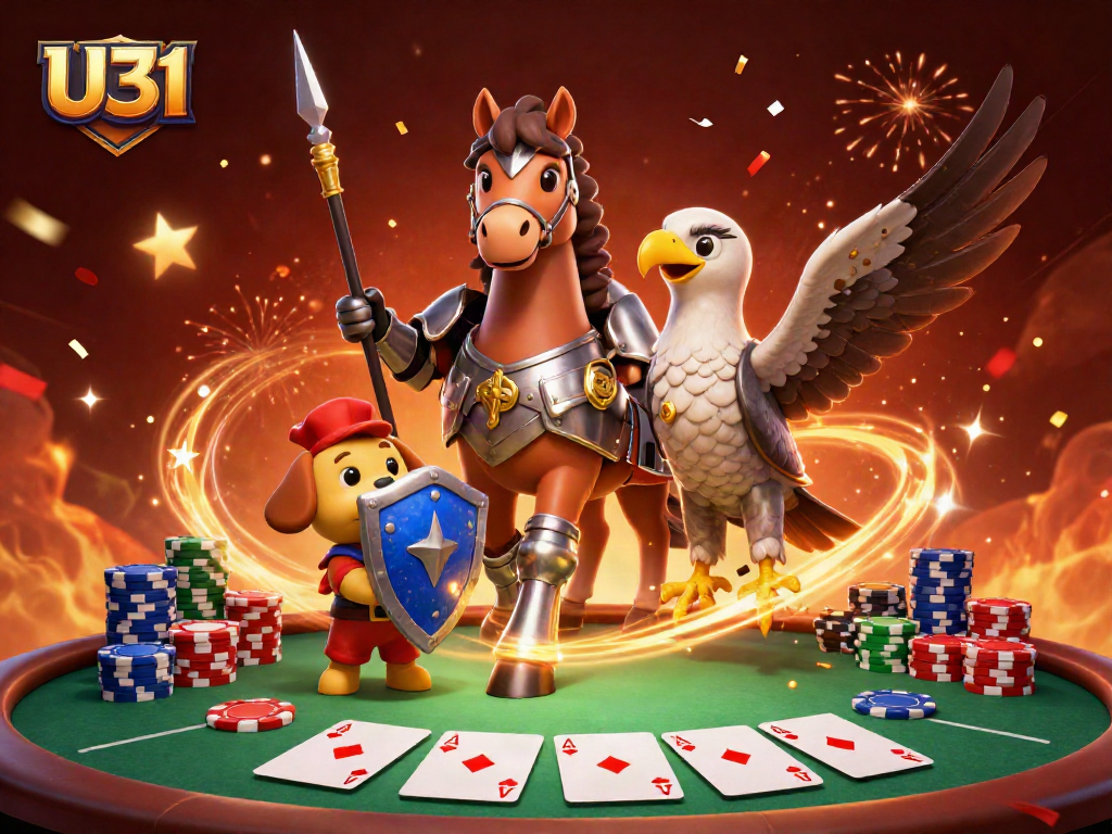 Experience the excitement of U31 casino with a knight, puppy, and falcon in a dynamic poker scene.