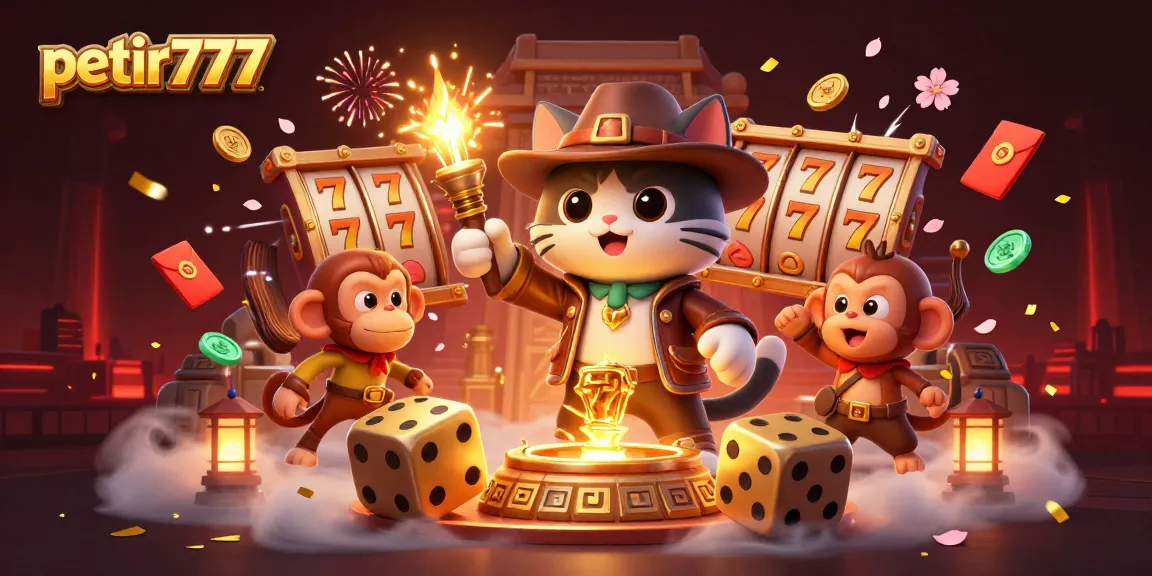 Experience the thrill of petir777 with a vibrant scene of an explorer cat and monkey amid casino treasures.