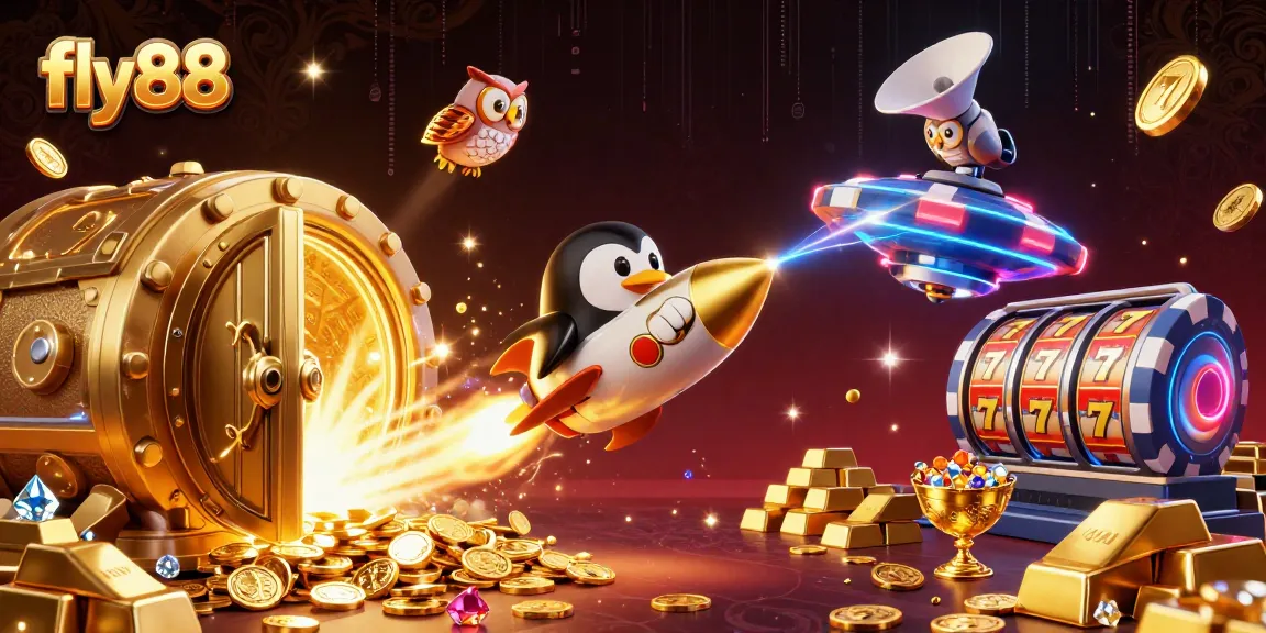 Experience the excitement of fly88 with a golden penguin and casino elements in a cosmic adventure.