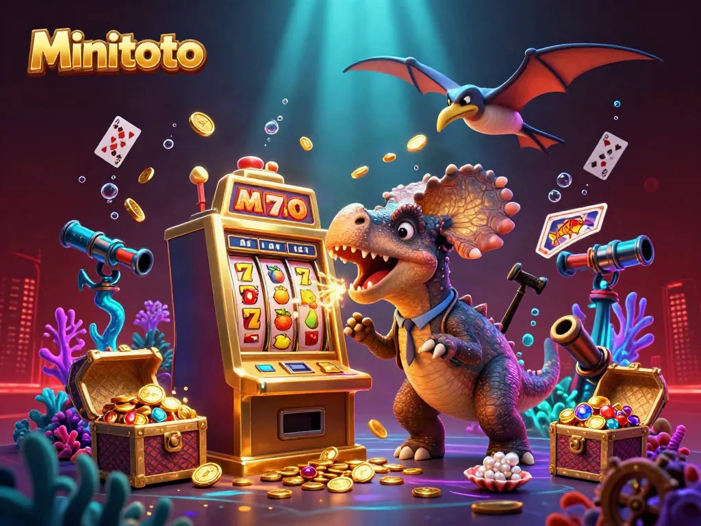 Minitoto menampilkan dinosaurus yang mengalahkan mesin slot berkilau untuk mendapatkan jackpot emas