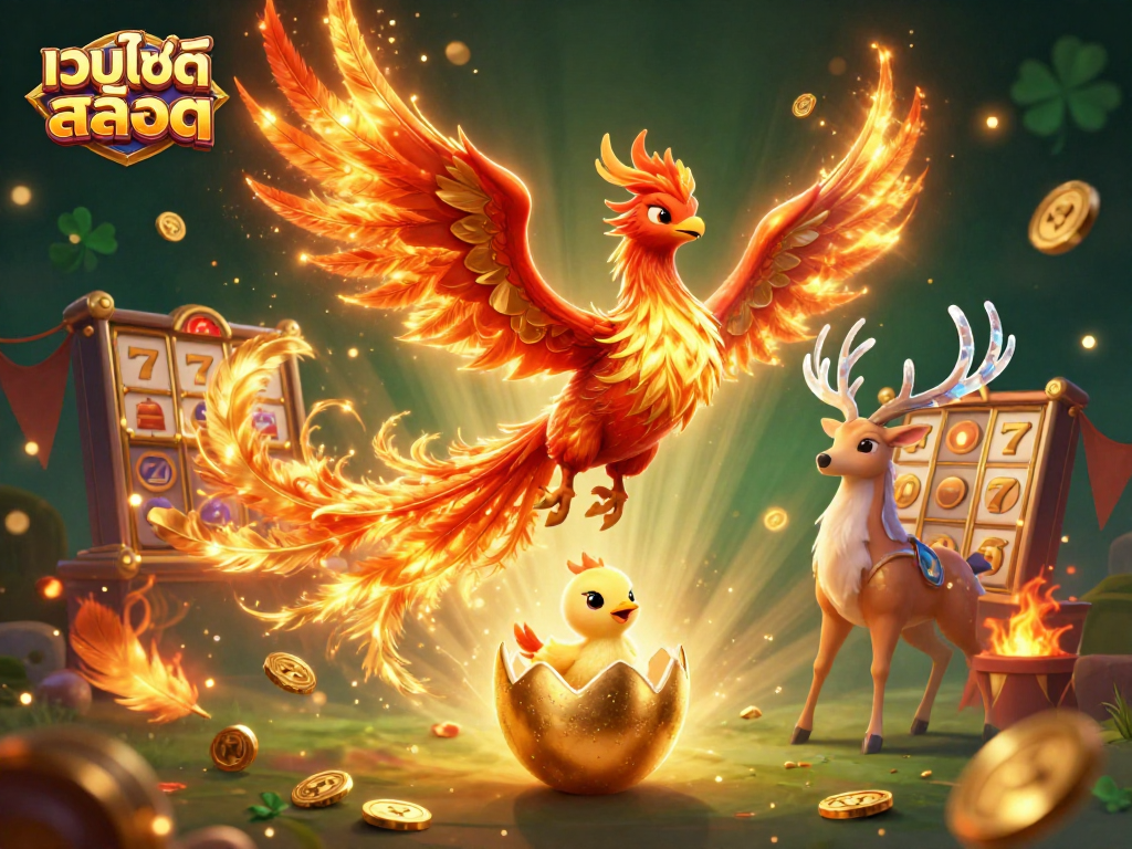 มีเว็บไซต์สล็อต มาพร้อมกับฟีนิกซ์ไฟที่มีขนทองแดงและสัญลักษณ์สล็อตในเกม