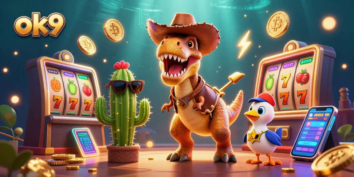Engage with ok9's thrilling casino atmosphere with a fun dinosaur, cactus, and roadrunner bettors.