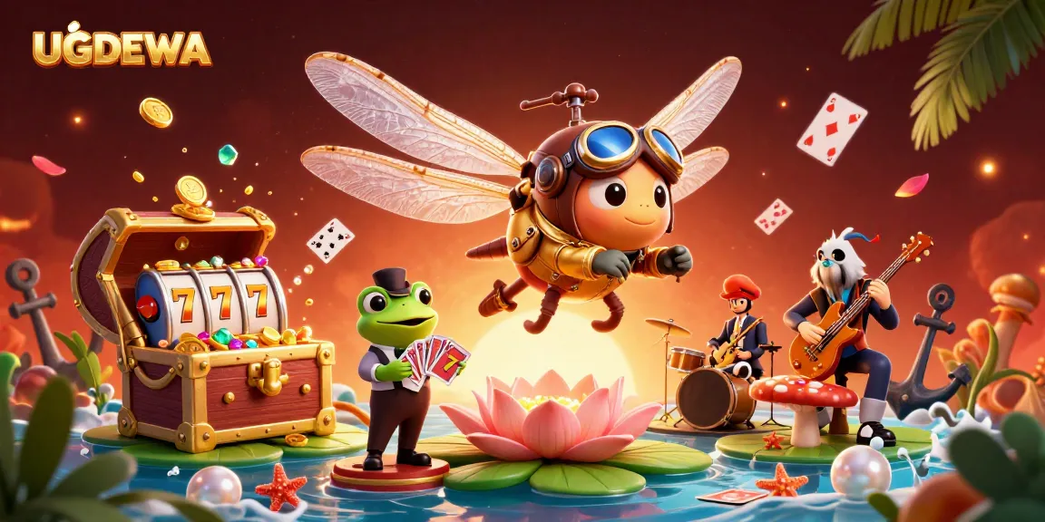 Experience thrilling winning moments at UGDEWA's vibrant digital casino, featuring slot games and lively characters.