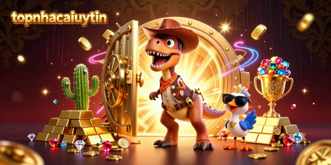 Experience the thrill of topnhacaiuytin with animated characters and gleaming treasures in a casino-themed illustration.