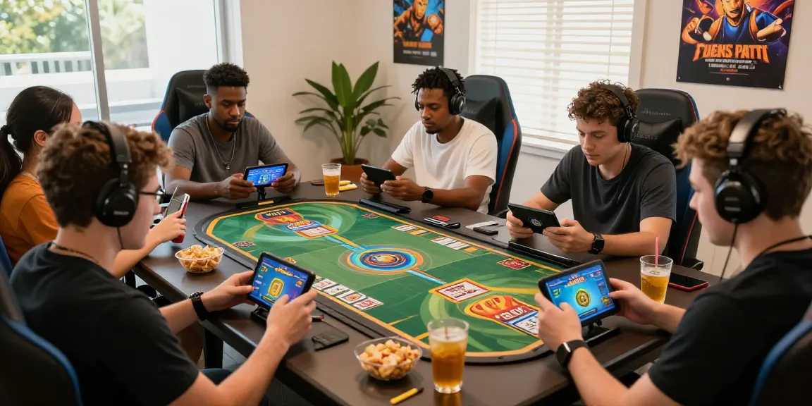 Players enjoying Teen Patti Gold online with friends in a vibrant gaming setup; Click to play for real cash rewards.