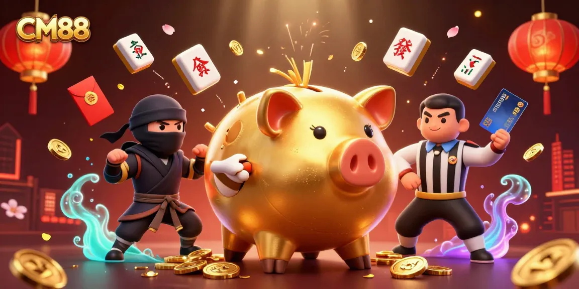 CM88 features a dynamic scene with sumo wrestler, ninja, and referee surrounded by floating casino elements.