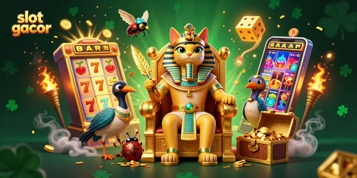 Mainkan slot gacor dengan karakter kucing firaun dan mesin slot yang mengeluarkan koin emas.