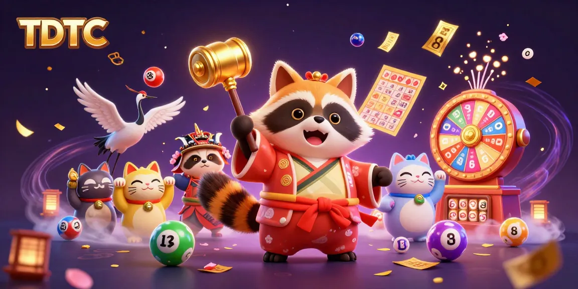 Experience TDTC's vibrant lottery scene with cheerful tanuki and fortune cats amidst dynamic game elements.