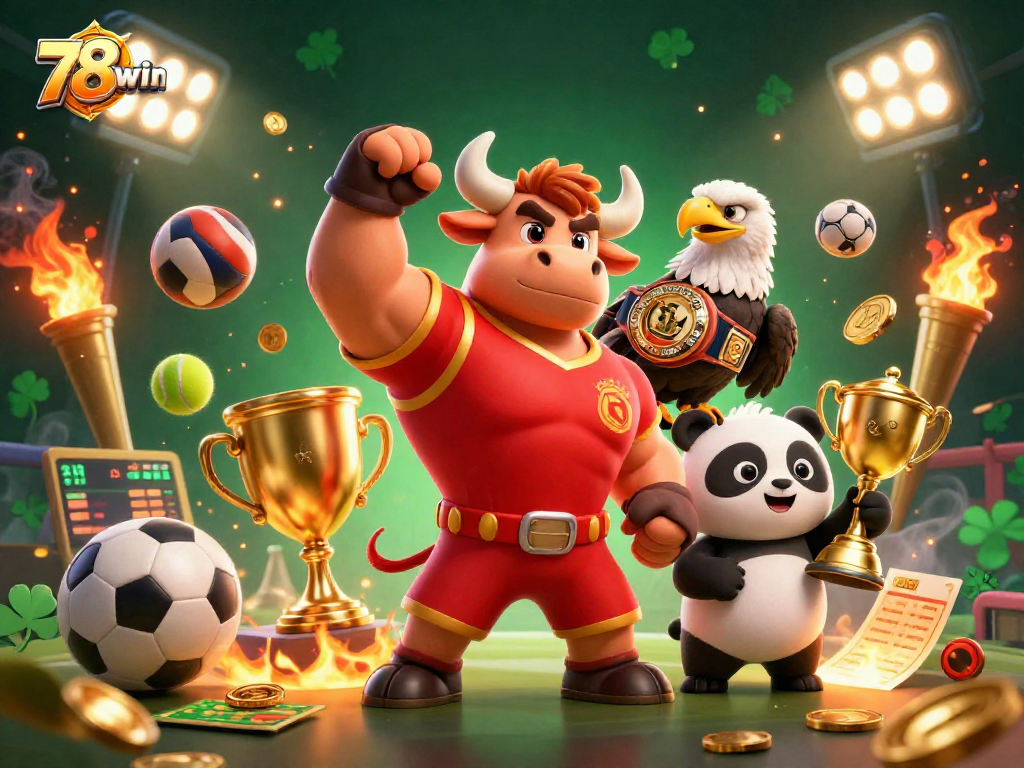 Engage with 78win's vibrant gaming atmosphere featuring a cartoon bull, eagle, and panda celebrating victory.