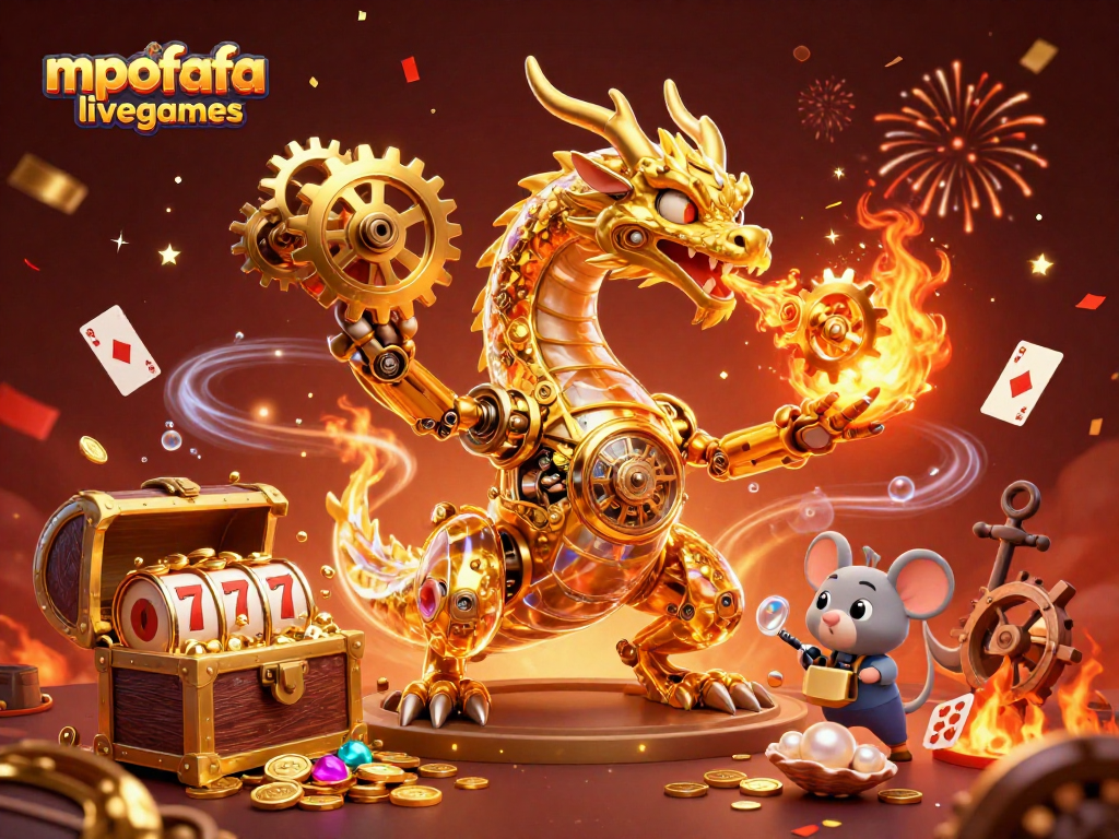 Engage with mpofafa livegames in a vibrant 3D casino scene with golden treasures and thrilling elements.