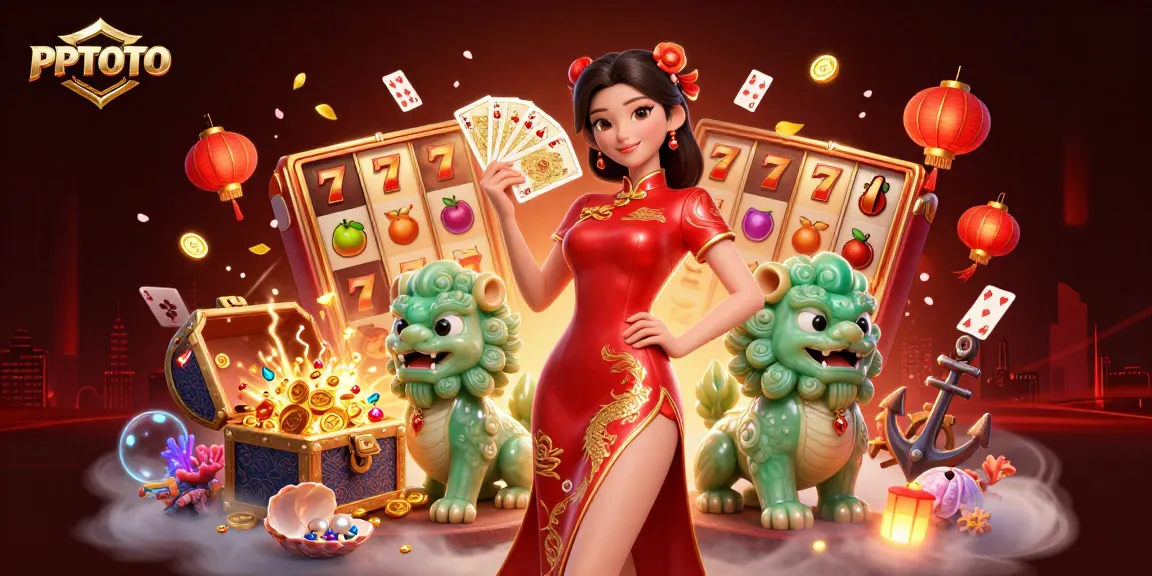 Pengalaman bermain PPTOTO yang menampilkan wanita dalam qipao dan elemen kasino yang berwarna-warni dalam suasana dinamis.