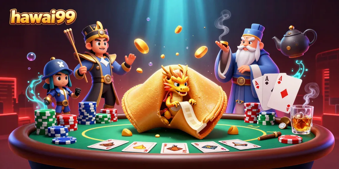 Experience hawai99's vibrant fortune cookie casino scene with a wise dragon and poker elements.