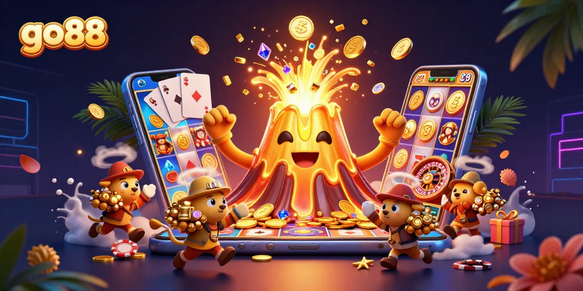 Experience thrilling wins at go88 with a dynamic 3D volcanic eruption alongside treasures and casino elements.