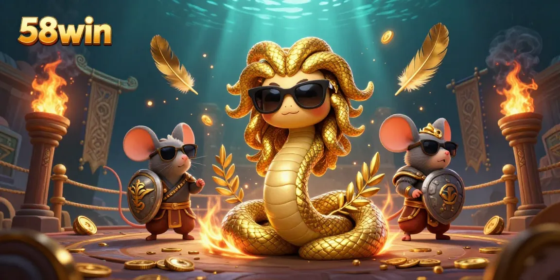 Engaging 58win scene with Medusa, warrior mouse, and casino elements creating dynamic betting excitement.