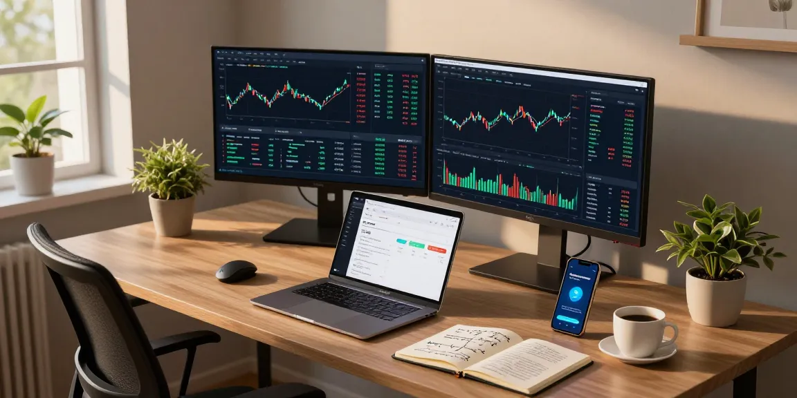Playexch247 cryptocurrency trading workspace with dual monitors displaying live market data and digital wallet for secure transactions.