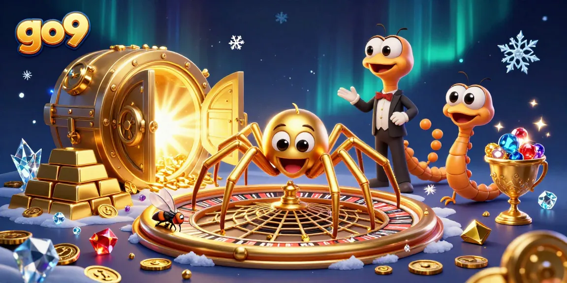 Engage with go9's thrilling bets as a cartoon fly navigates a roulette web in a vibrant casino scene.