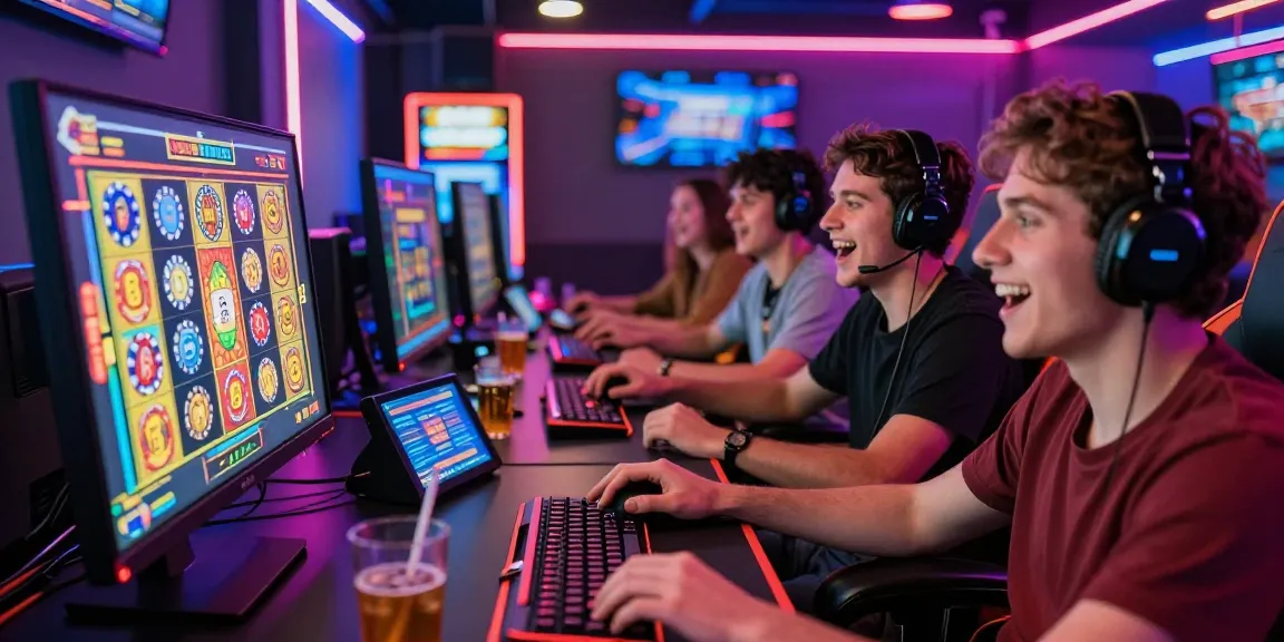 Players enjoying a thrilling gaming experience with deposit pulsa tanpa potongan, surrounded by vibrant slot graphics and a lively atmosphere.