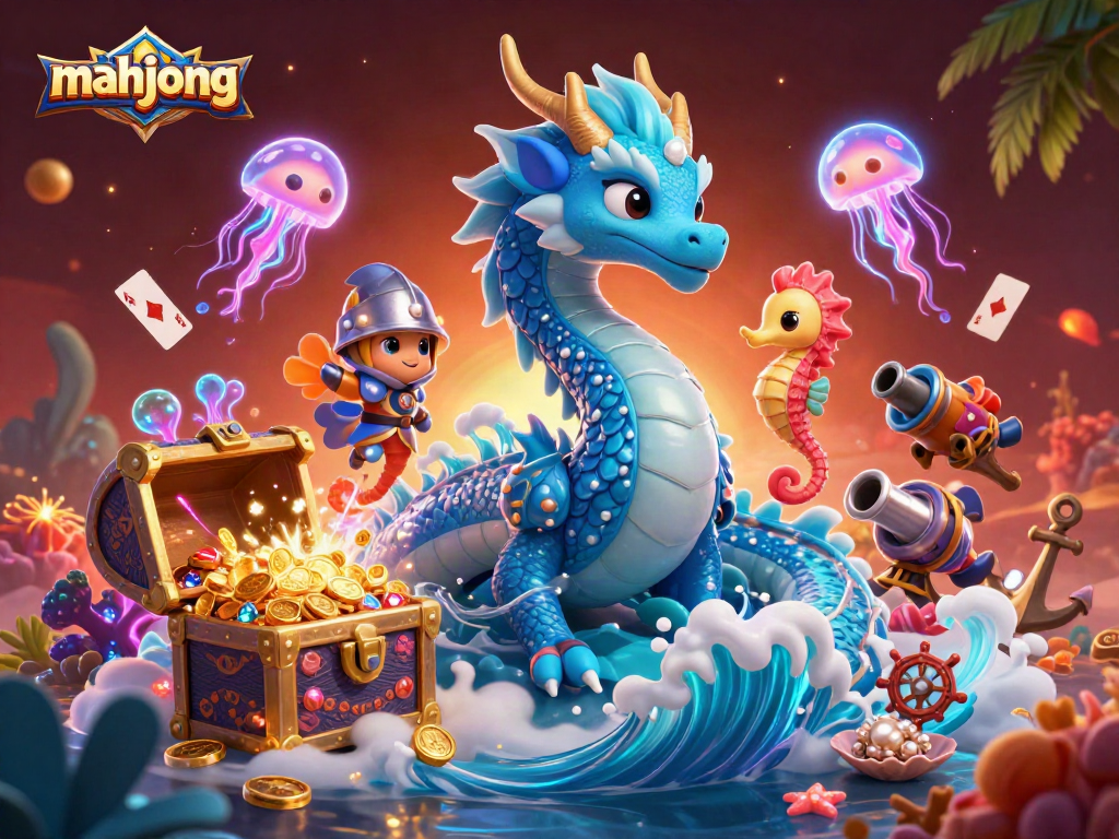 Engage in mahjong with a dazzling illustration of aquatic characters and gambling elements.