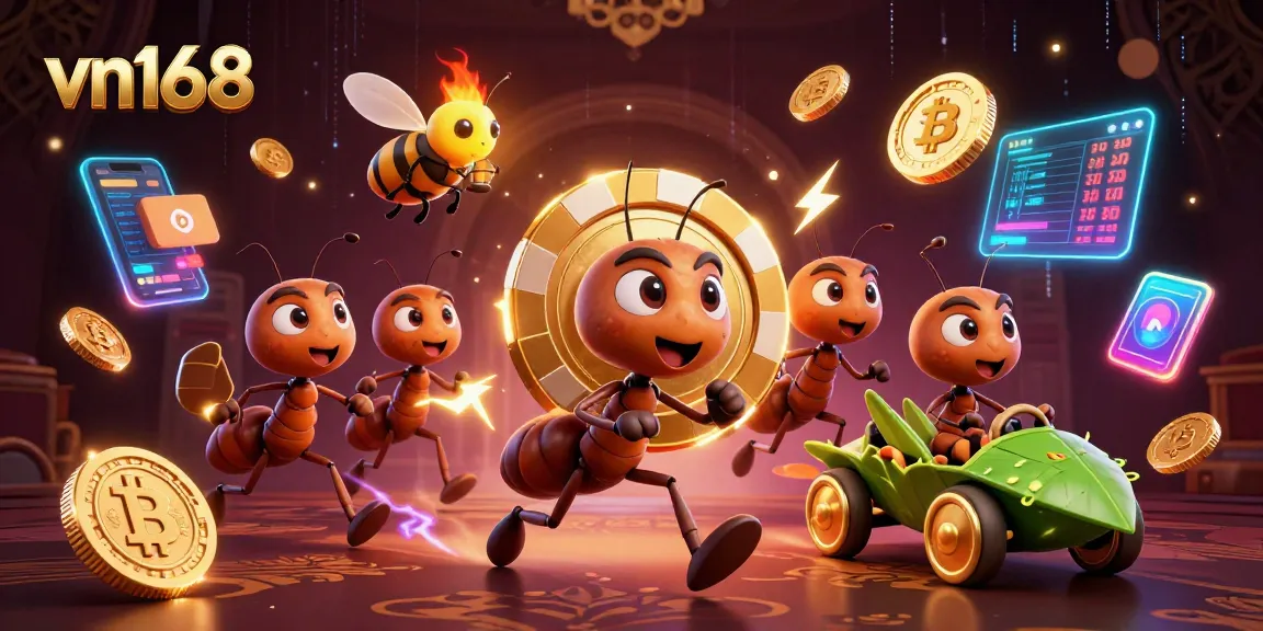 Win big at vn168 while ants carry a golden poker chip through a bustling casino heist scene.