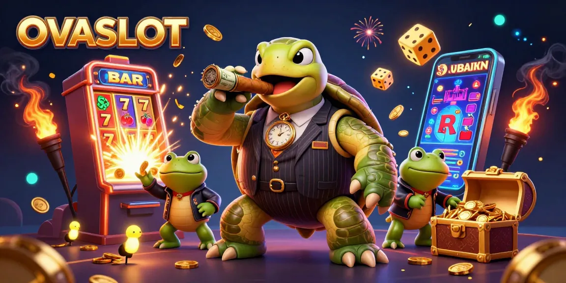 Join the fun at OVASLOT with colorful slot symbols and energetic characters amidst exciting gaming scenes.