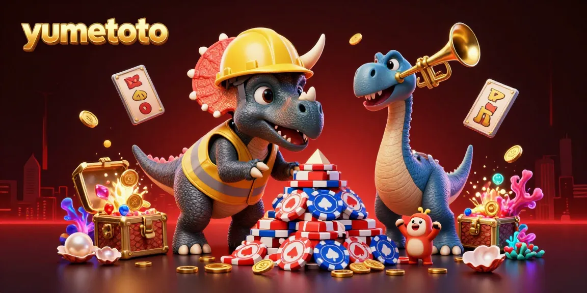 Experience the excitement of yumetoto with cartoon characters building poker chips amidst vibrant gaming elements.