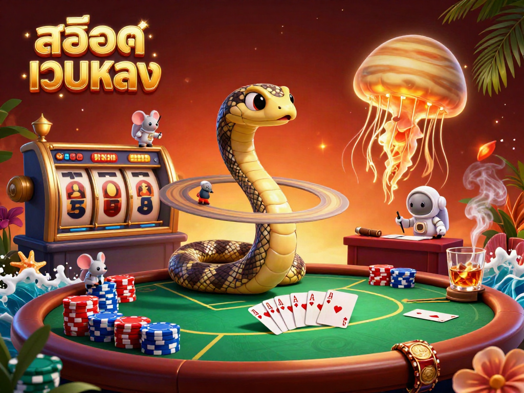 Engaging scene of a Saturn ring snake as a roulette wheel with astronaut mice betting, promoting สล็อตเว็บตรง excitement and gaming action.