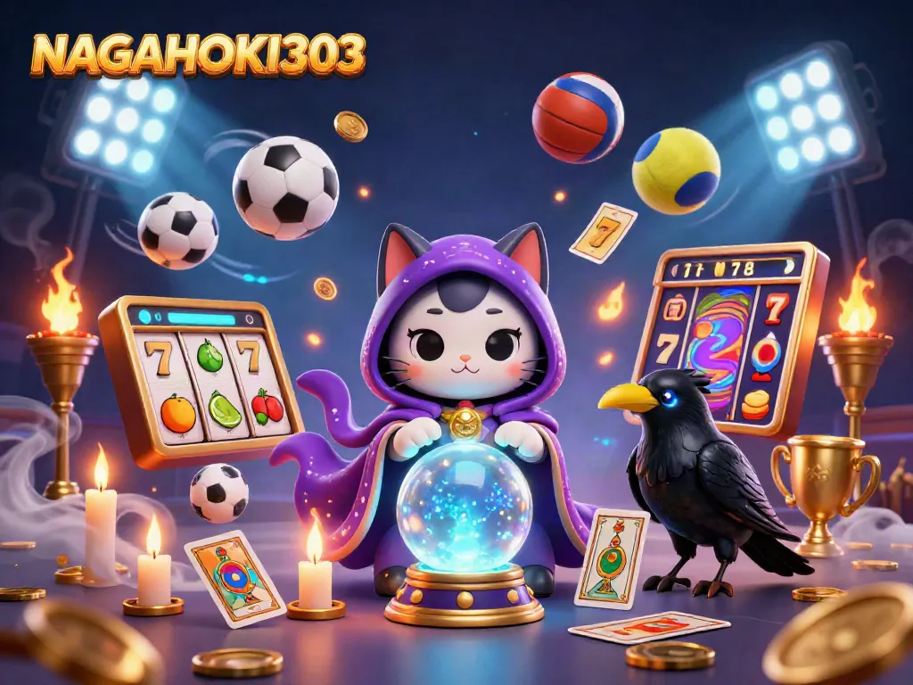 NAGAHOKI303 menghadirkan suasana permainan dengan kucing peramal, burung gagak, simbol slot, dan banyak elemen menarik di sekitar mereka.