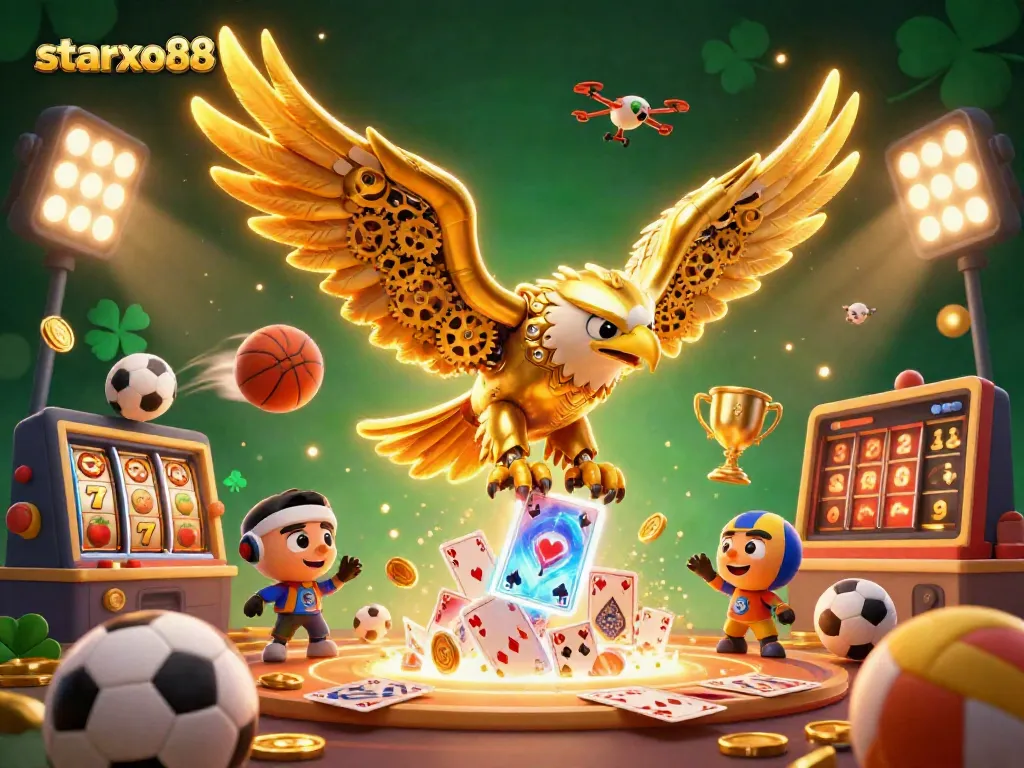 Experience thrilling action with starxo88 in a vibrant casino illustration featuring dynamic slots and sports elements.