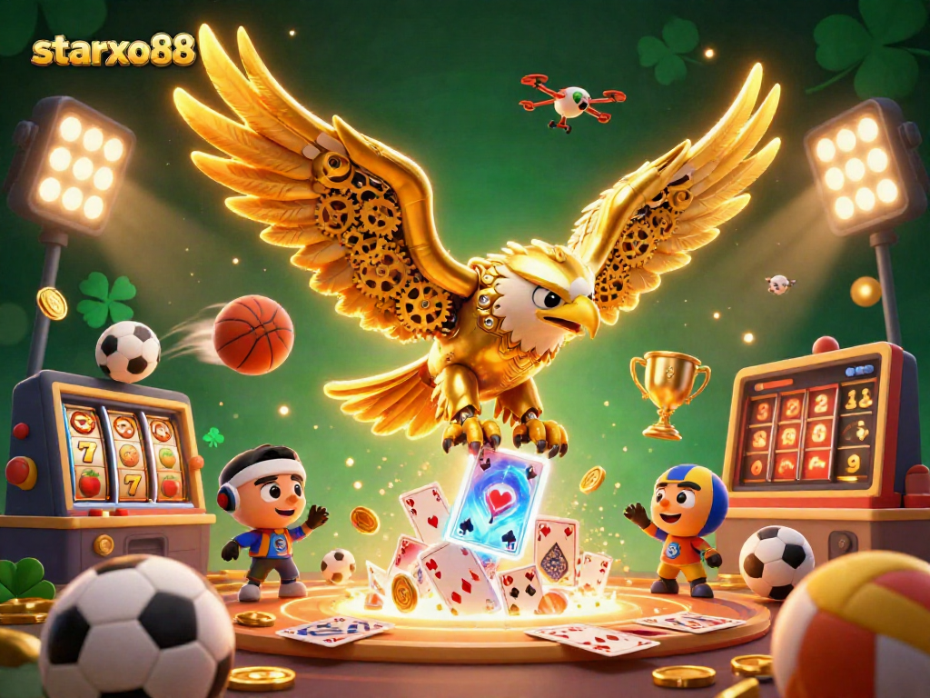 Experience thrilling action with starxo88 in a vibrant casino illustration featuring dynamic slots and sports elements.