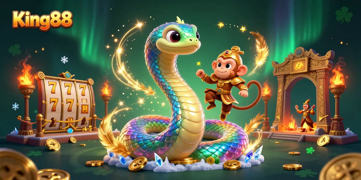 Experience King88's vibrant world of gaming with a magical scene featuring a serpent and playful monkey king.