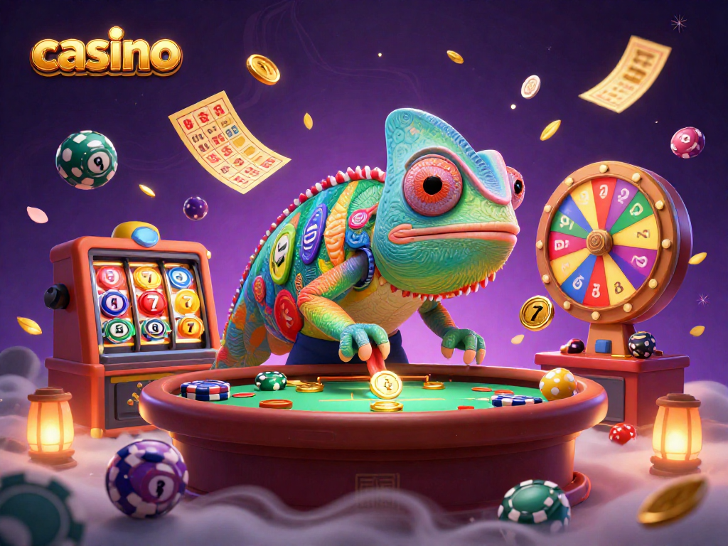 Casino chameleon owner snatching golden coins amidst vibrant gambling action and elements.