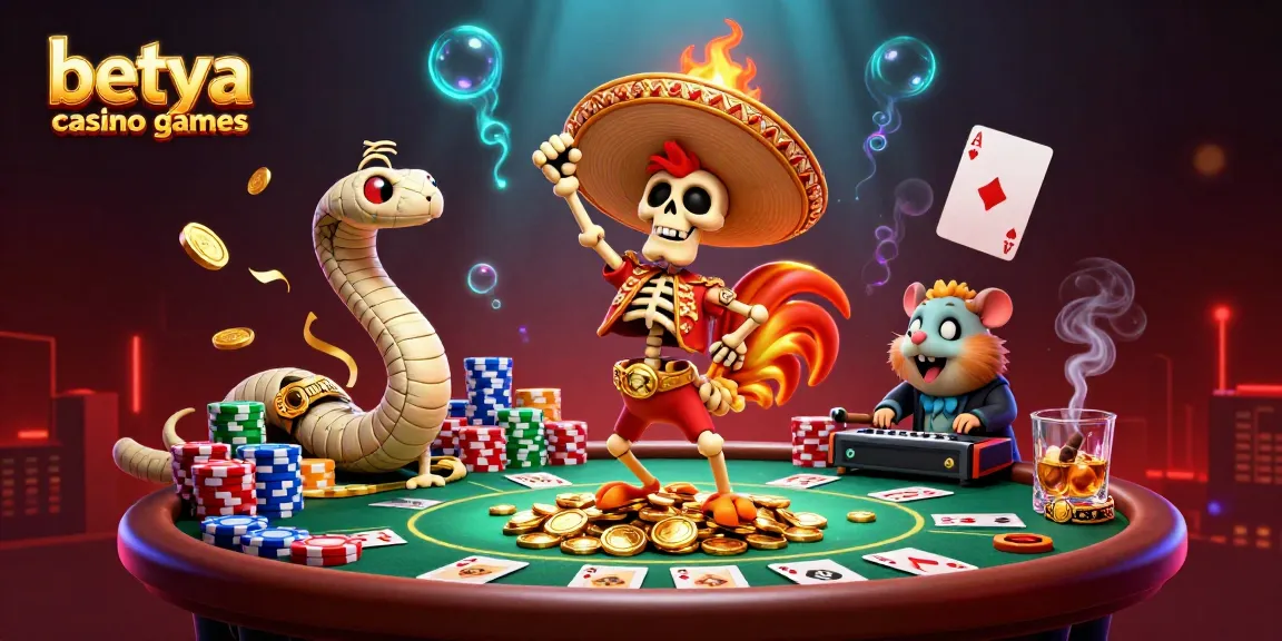 Experience betya casino games with a lively scene featuring a joyous rooster, snake, and DJ amidst poker excitement.