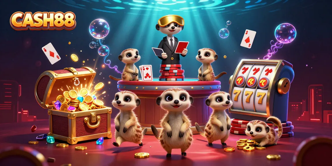 Experience CASH88 in a vibrant casino scene with meerkats, treasures, and slot elements.