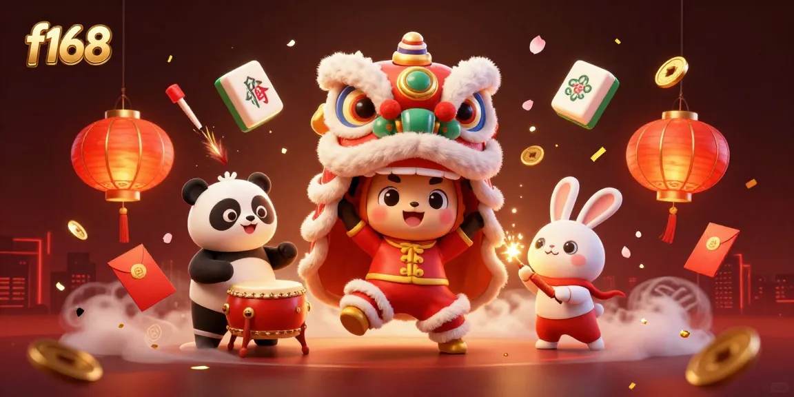 Play exciting games at f168 with vibrant visuals of Chinese New Year celebrations and dynamic casino elements.