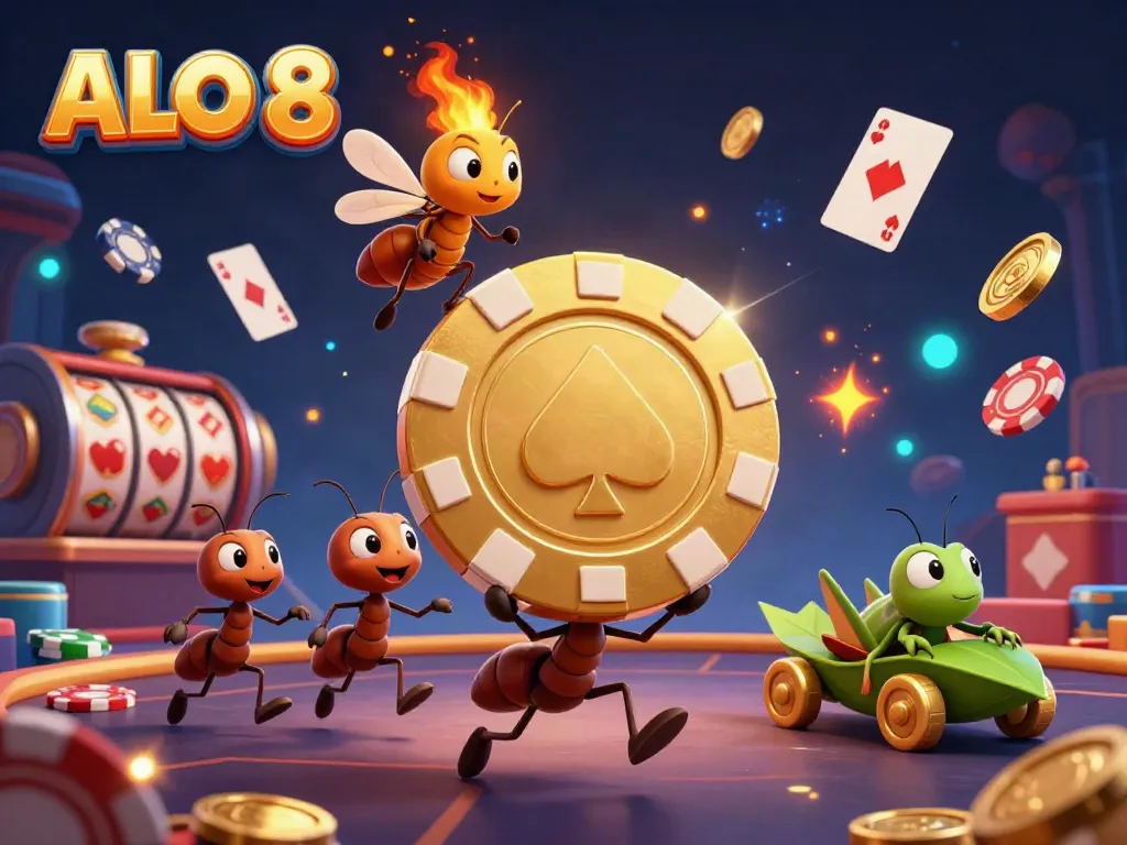 Engage with ALO 8 as ants carry a golden poker chip in a vibrant casino heist scene.